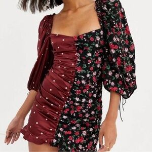For Love & Lemons Cher Ruched Mini Dress Bodycon Mixed Print Puff Sleeve Size S